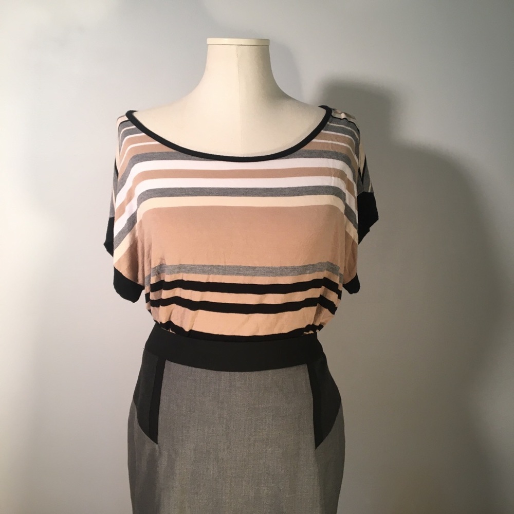 Jones NY tan, black, gray and white striped shirt